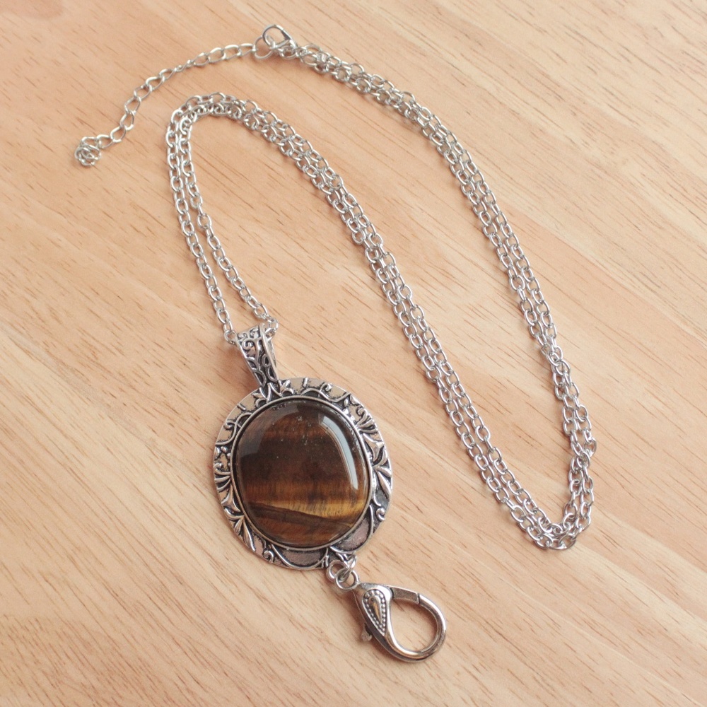 Tiger's Eye Stone Brown Oval Silver Tone Statement Necklace Boho Lobster Clasp